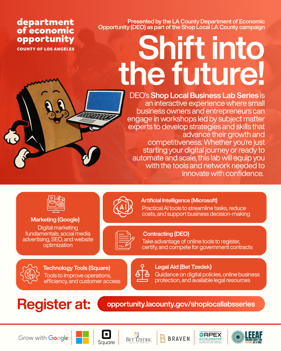 Brown bag character with face arms, feet is holding a laptop and people in the background of the graphic