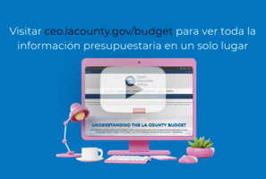 Light blue background with a computer set up and white text. Please click to watch video in Spanish.