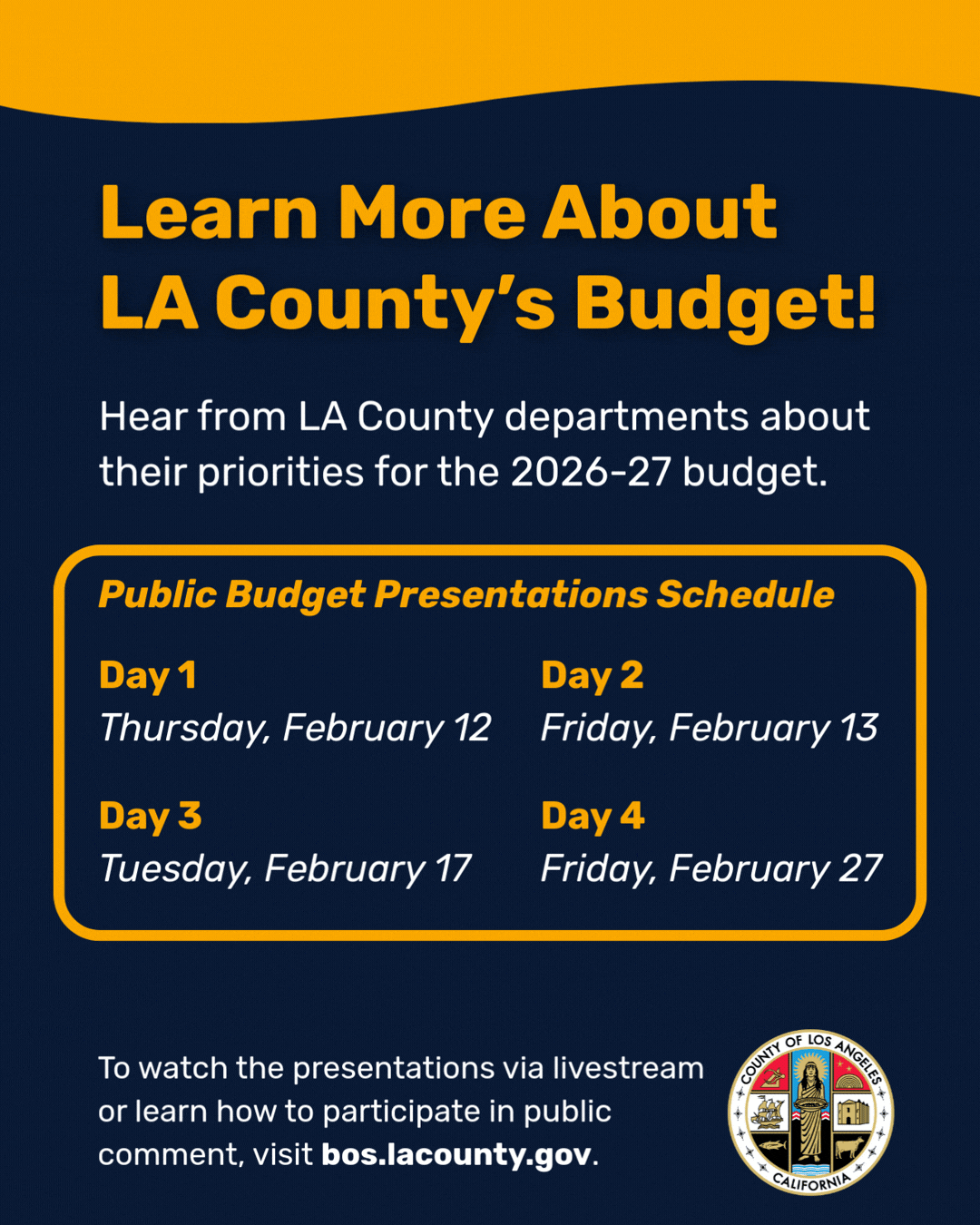 Multi-lingual graphic gif with yellow top portion with dark blue background with text and Los Angeles County seal
