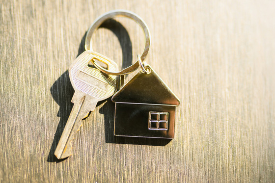 a keychain shaped like a house with a key attached to it on a woodgrain surface