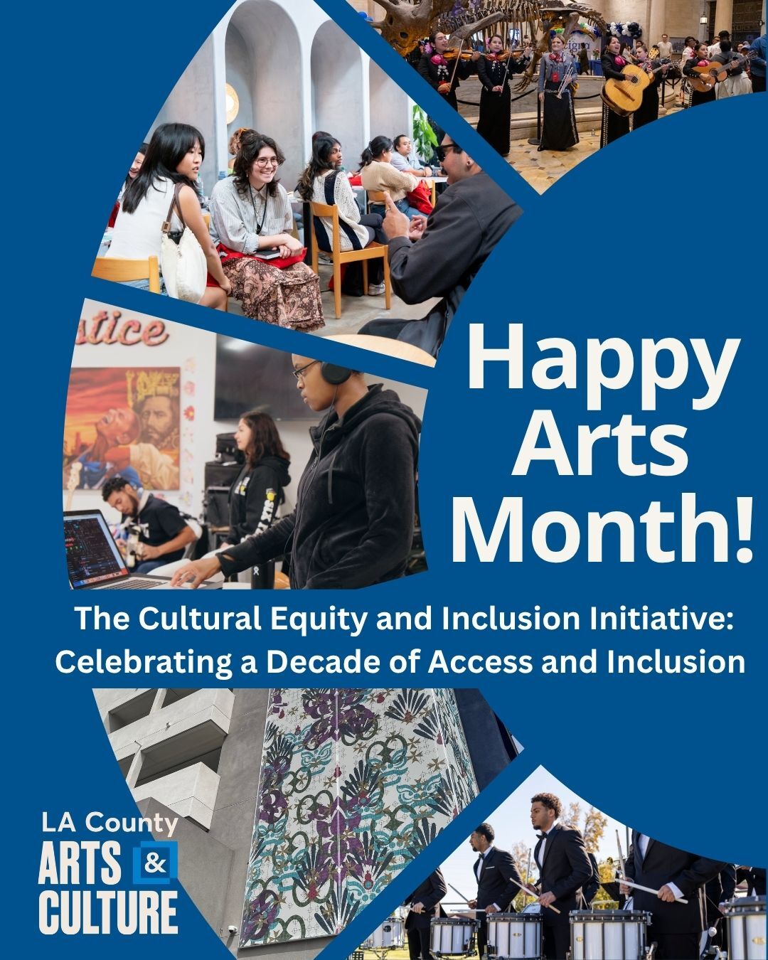 Arts Month poster with female mariachi group, women sitting on chairs while person speaks to them, person in front of laptop, men playing drums