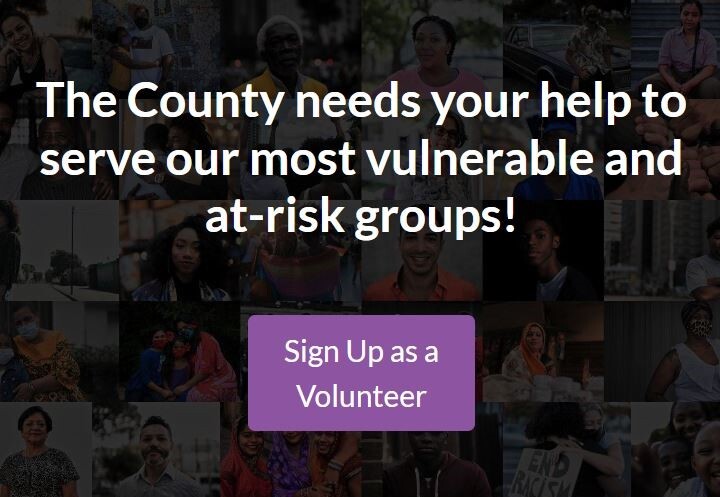 Photo collage of people in the background with text and a button that says "Sign Up as a Volunteer"