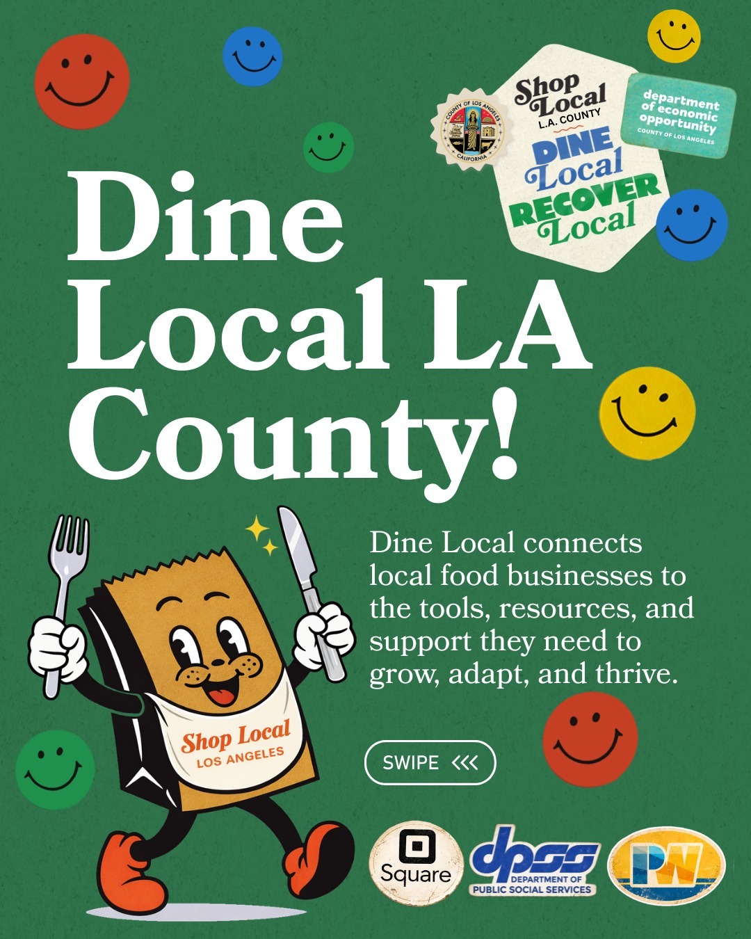 Dine Local graphic with brown bag character holding a fork and knife, and happy faces