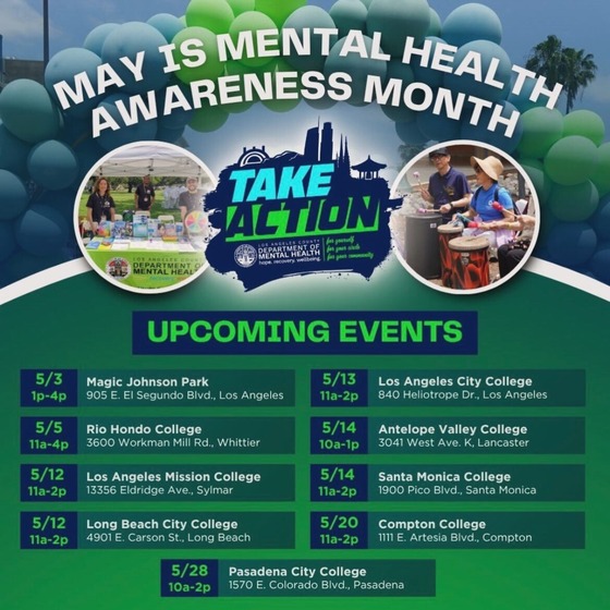 Take Action mental health flyer with people playing conga drums, people standing in front of table with resources, and balloons