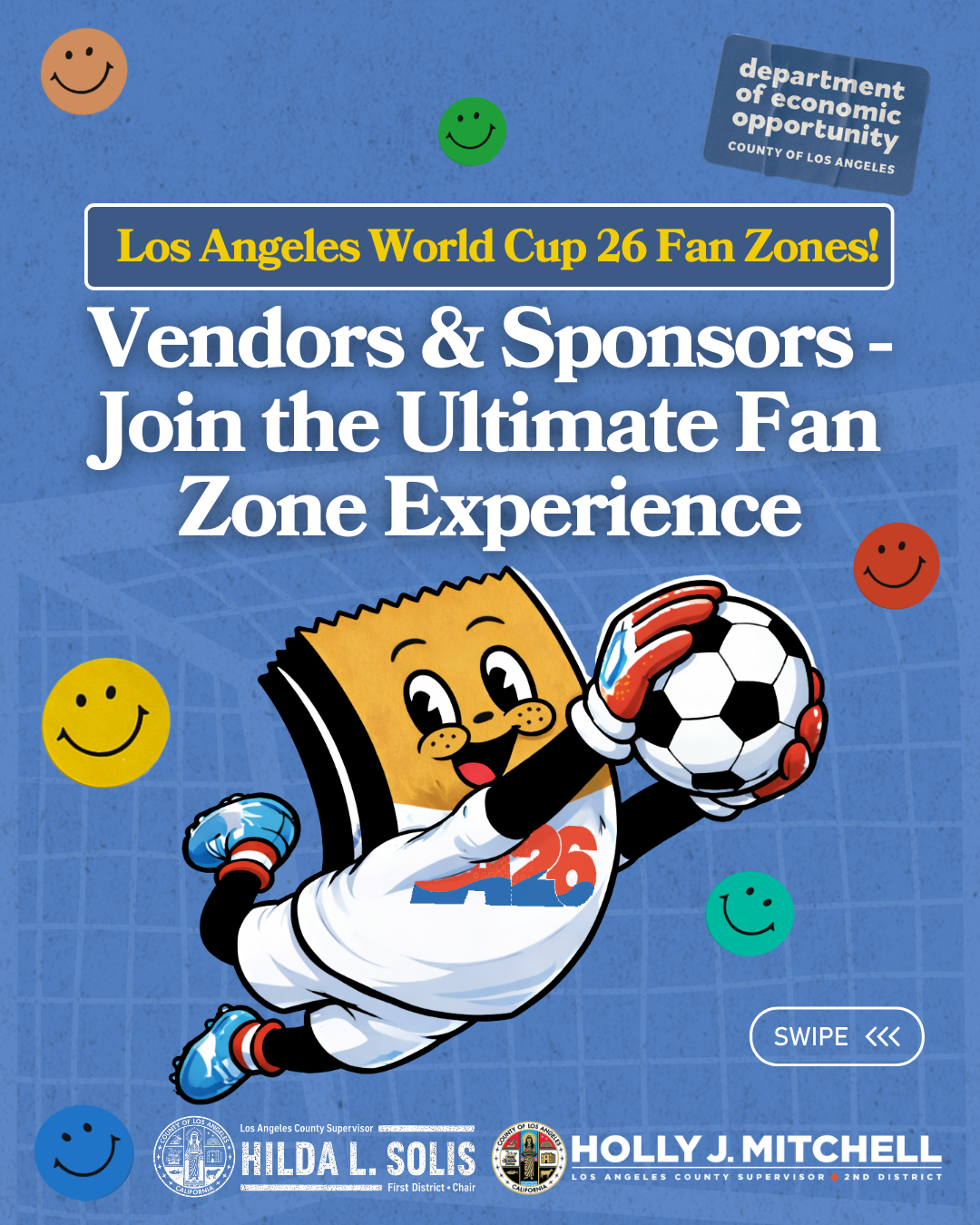 Brown bag character wearing soccer cleats, shorts, and 2026 shirt while holding soccer ball in hands and smiling faces across flyer