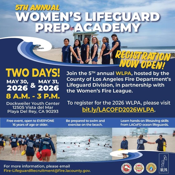 Women lifeguards running in the sand, others swimming in the ocean water, group of women and a man posting at the beach