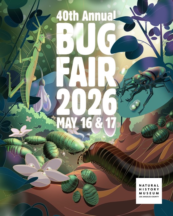 Illustrated poster for the 40th Annual Bug Fair 2026, featuring colorful insects, foliage and the Natural History Museum of Los Angeles County logo.
