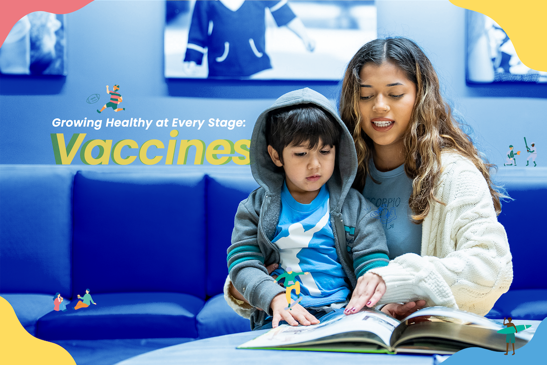 Mother with child at a doctor's office with the word vaccines across it. 