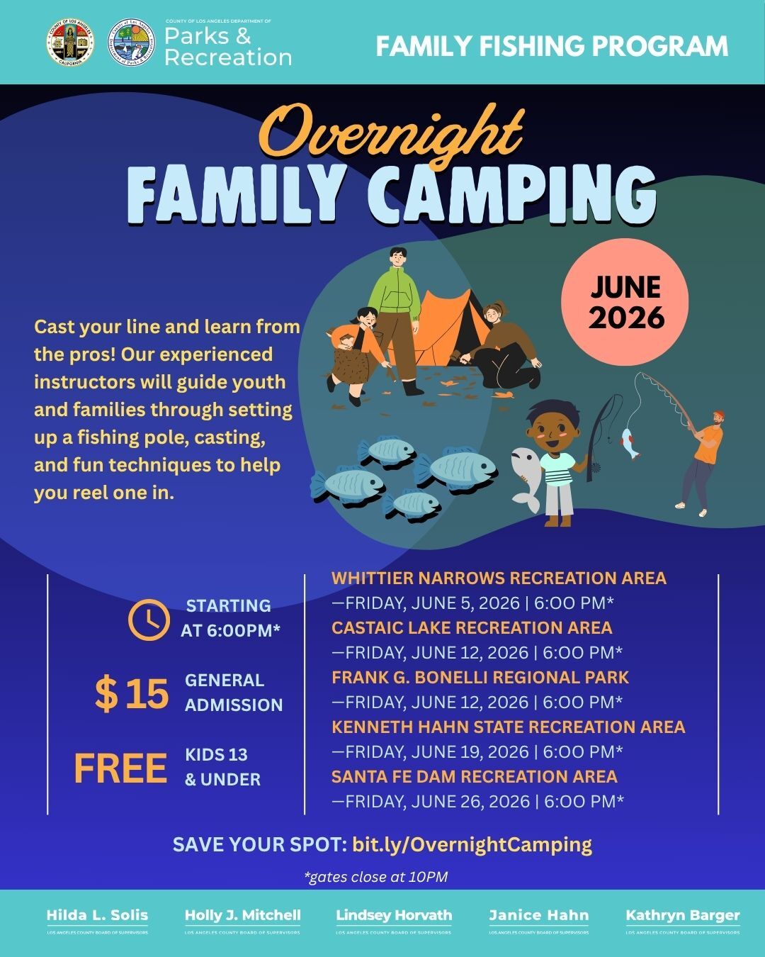 LA County Parks Overnight Family Camping flyer with man, woman and girl next to a tent, boy holding fishing stick with a fish, fishes