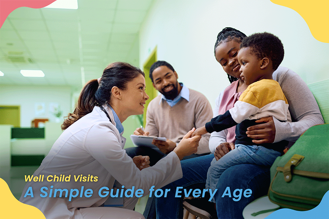 Rotating image of family with pediatrician