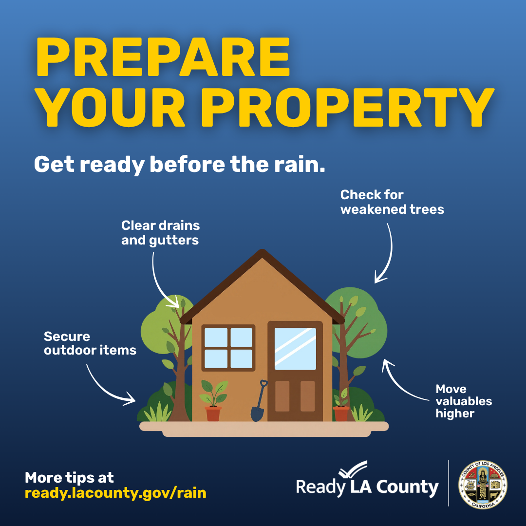 Home surrounded with trees, plants, County of Los Angeles logo, and Ready LA County logo