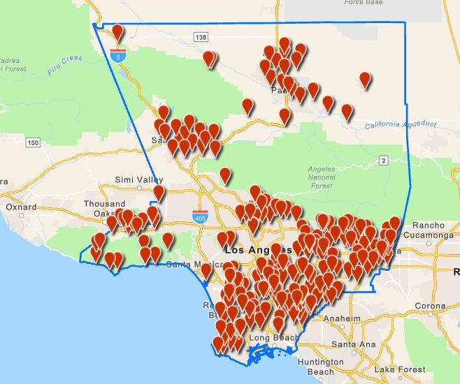 Map of Los Angeles County with locator icon around the county of sandbag locations