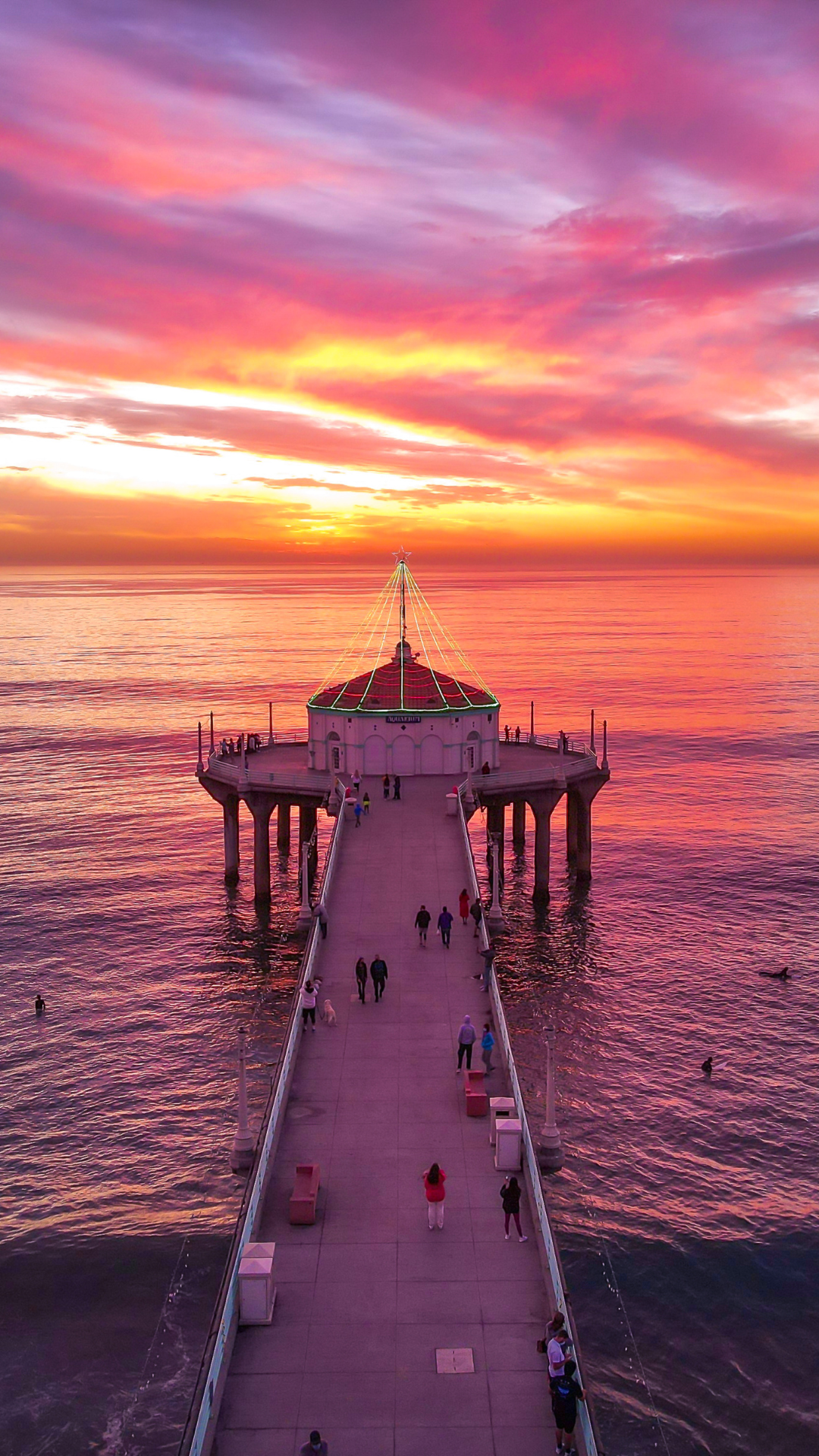 Manhattan Beach Pier decorated with holiday lights