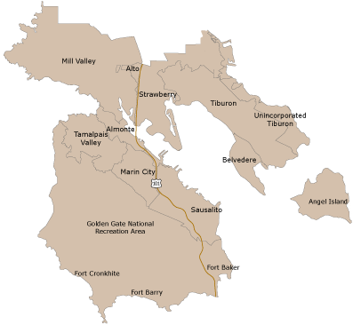 Map of the cities, towns, communities that are included in Southern Marin District 3.