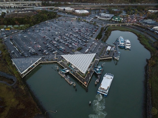 An aerial view of the Larkspur Ferry Terminal in Larkspur CA
