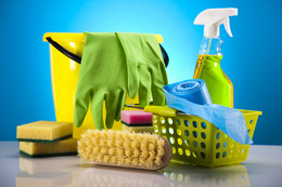  Cleaning supplies, including a bucket, gloves, sponges, brushes, trash bags, and glass cleaner.