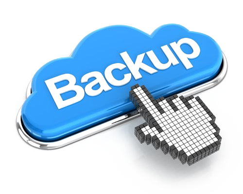 A hand pointing to the word "Backup" on a blue cloud.