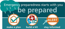Emergency preparedness starts with you. Be Prepared. House: make a plan. Water, first aid kit, and radio: build a kit.  ALERT button: stay informed.