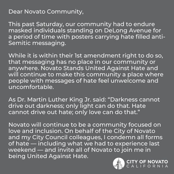 Image of Message from  City of Novato Mayor Denouncing Hate Demonstration