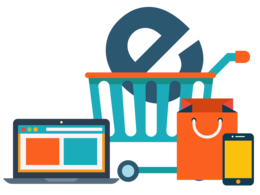 A laptop, a shopping cart with a letter "e," a gift bag, and a mobile device.