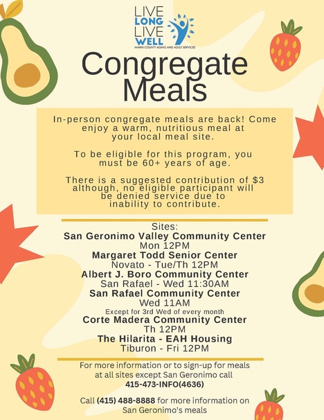 Congregate meal flyer with details of upcoming lunches and how to participate