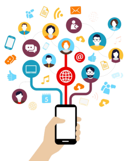 A smart phone connected to multiple icons representing people, social media, messaging, and e-mail.