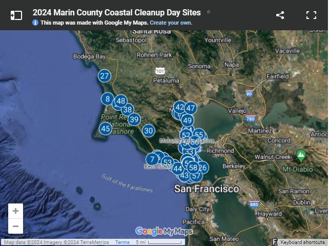 map of coastal cleanups pins in Marin