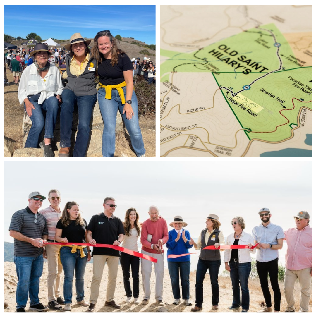 Collage: Mary and Supervisor Moulton-Peters and friend smiling, map of preserve, and a group shot of the ribbon cutting