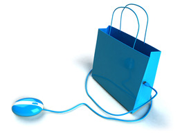 A blue gift bag with a blue mouse connected to it.