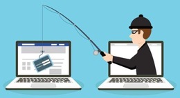 A scammer on a laptop screen using a fishing rod to steal a username and password from another laptop screen.