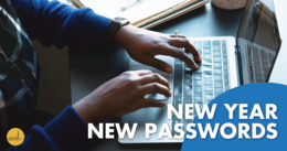 Hands typing on a keyboard with 'New Year, New Passwords' text in the bottom right and the Marin County gold seal in the bottom left corner.