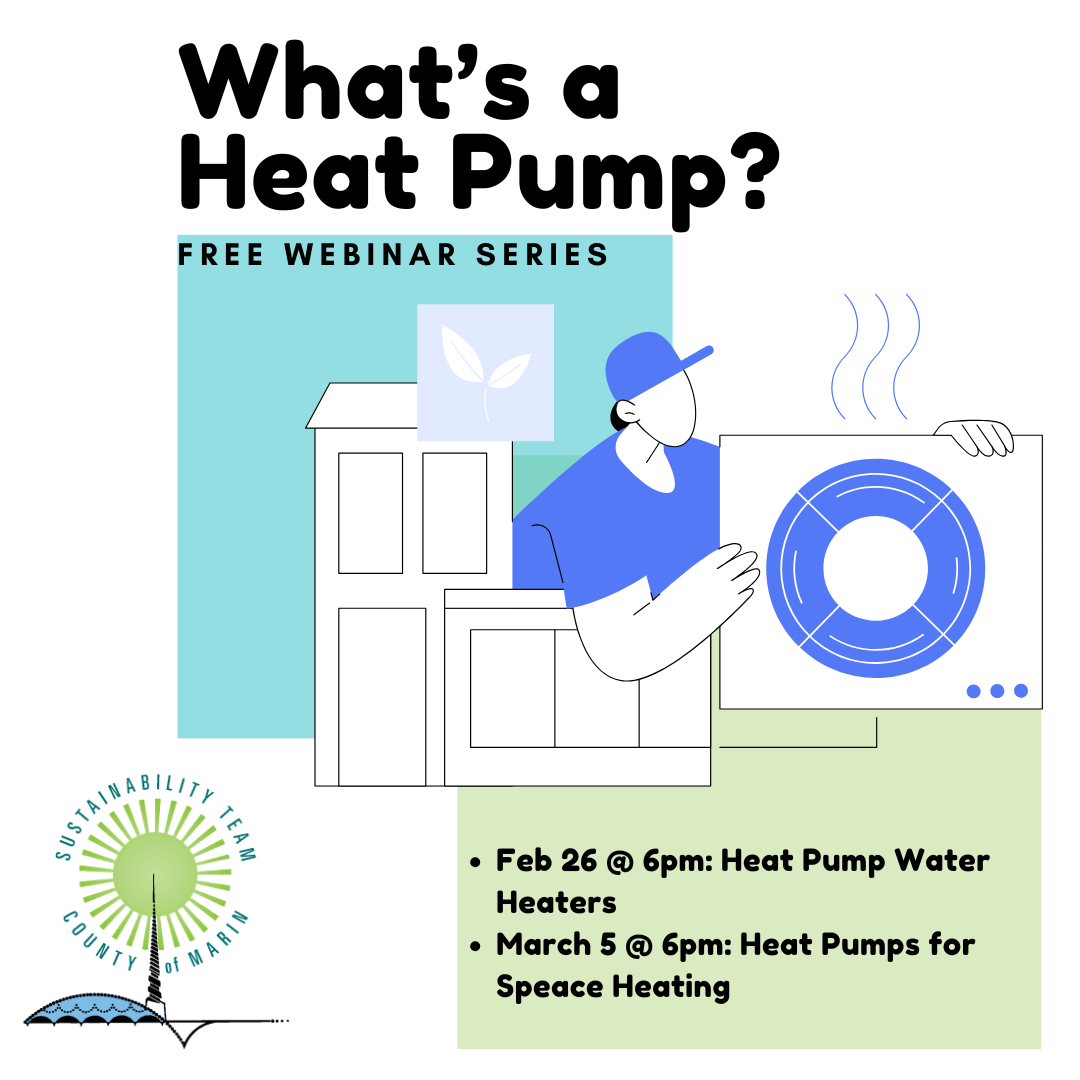 graphic with clip art of person holding a heat pump with dates of webinars listed