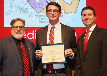 Photo of Supervisors Lucan and Rodoni with Zachary Griggy, Novato Spirit Winner