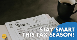 Coffee mug near a folder with tax withholding papers and the text "Stay Smart This Tax Season!". Marin County gold seal in the bottom left corner.