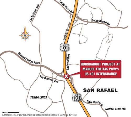 Caltrans map of future roundabout, birds-eye view of 101