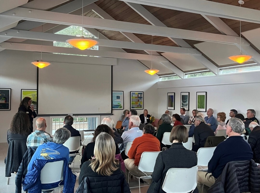 Mary speaking to Lucas Valley Homeowners Assoc.