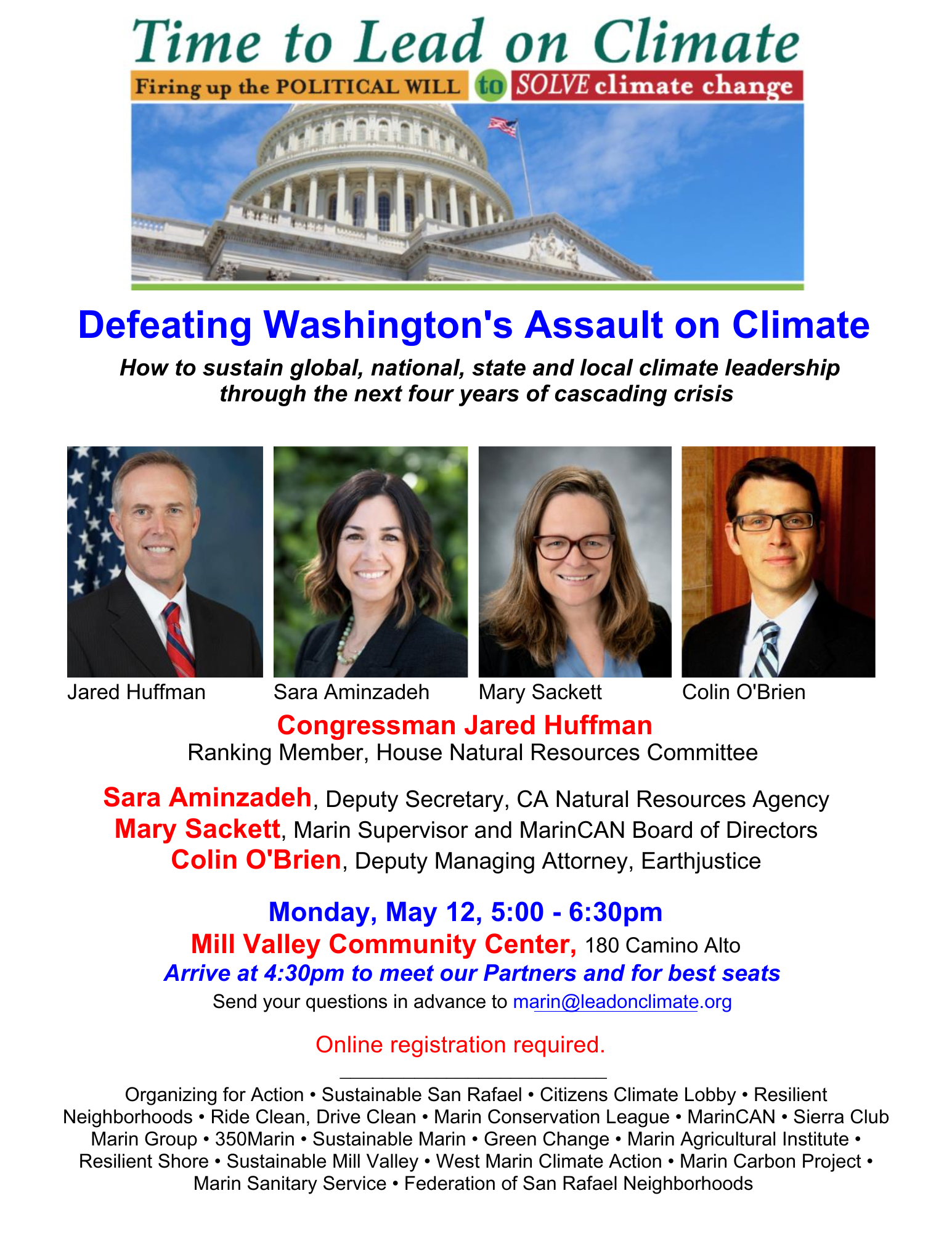 Climate panel with headshots and names of speakers including Mary's and event sponsors list