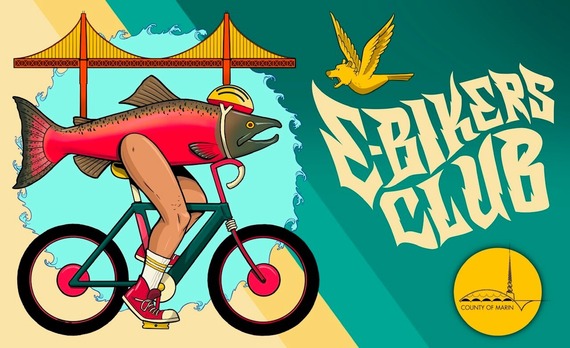 Artistic image of a salmon with legs riding an e-bike with the words E-bikers Club
