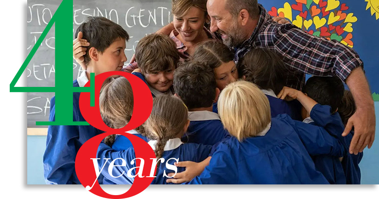 students and teachers huddled in circle in front of chalk board with italian writing and 48 overlaying the top