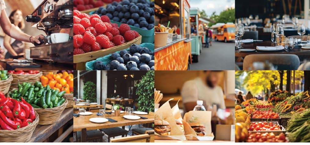 collage of produces, restaurant interiors, and food truck exterior