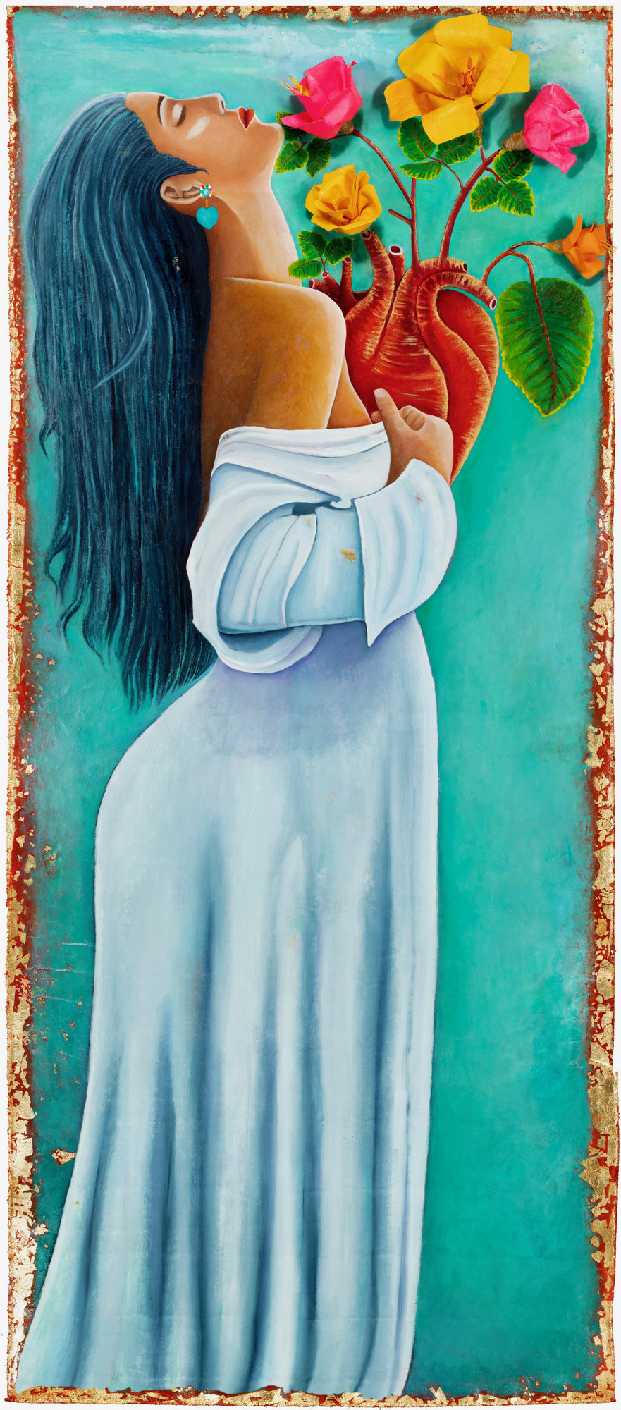 painting of woman with flowers and heart outside of body looking to the sky