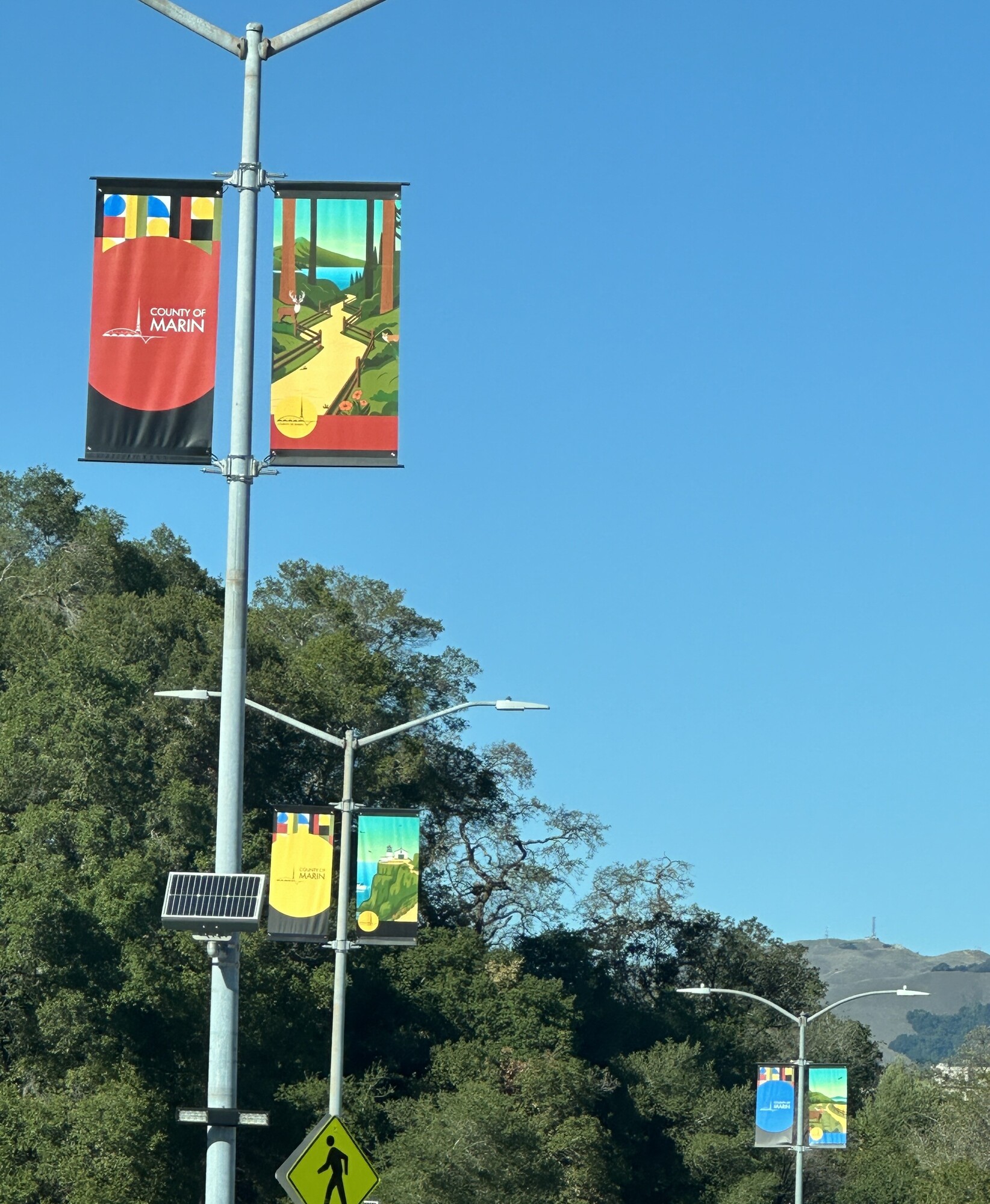 colorful County banners on light poles alongside Civic Center with Marin scenes