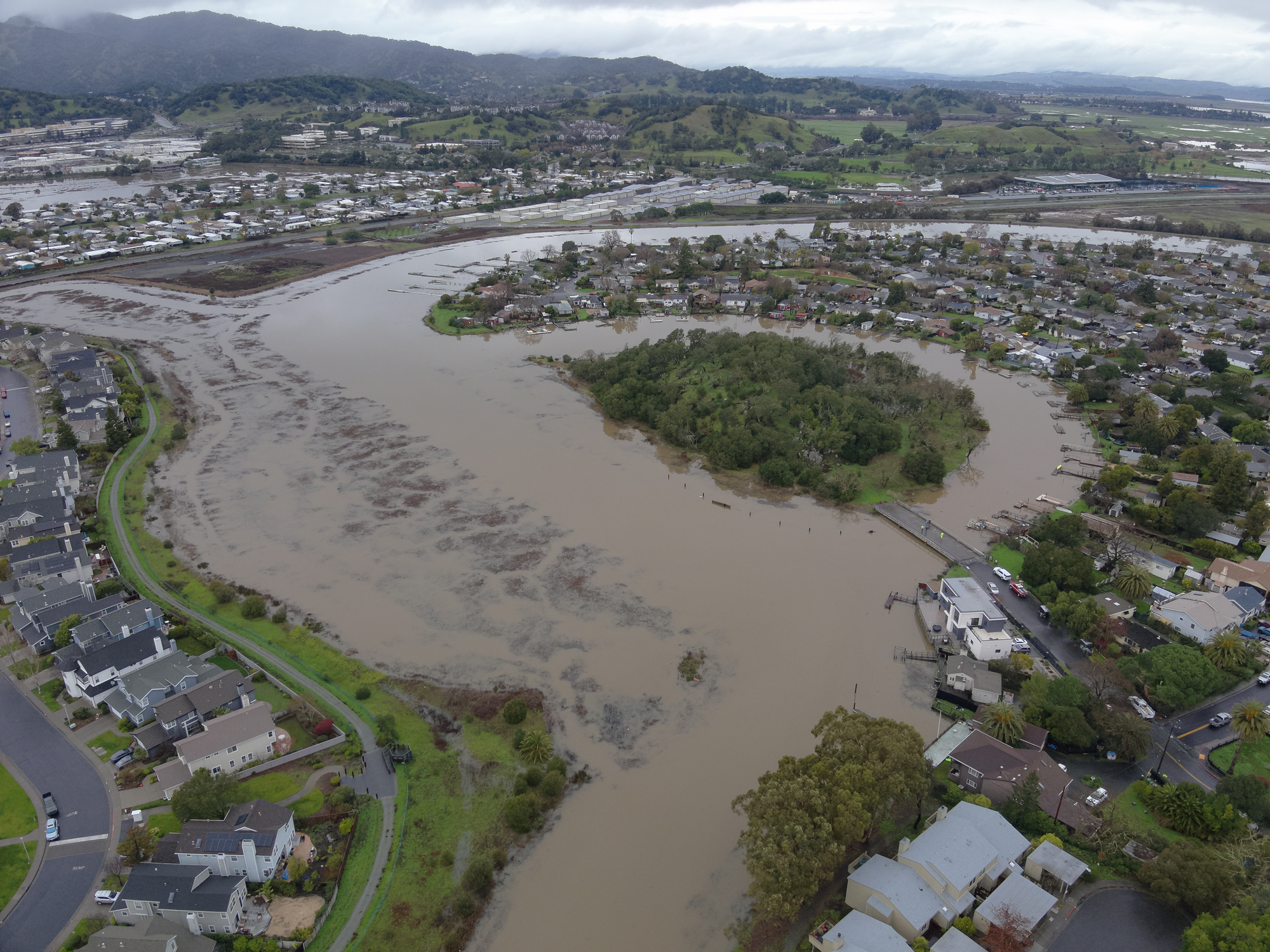 birds eye view of inundation from king tides in Santa Venetia above Santa Margarita Island