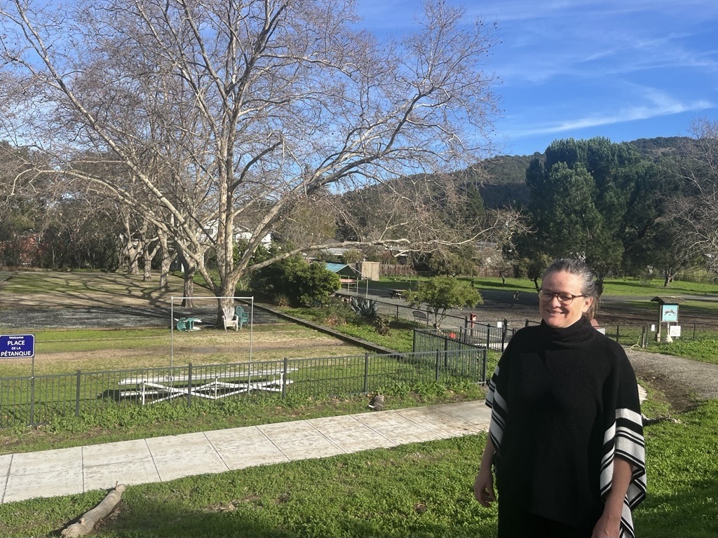 Mary outside petanque court