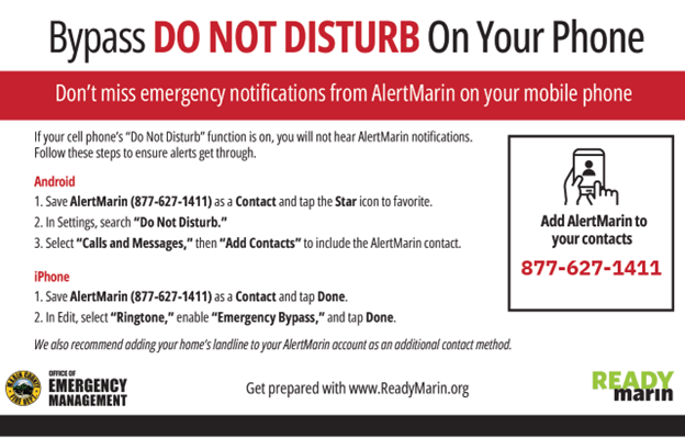 Flyer detailing how to bypass do not disturb on your cell phone to receive AlertMarin notificaitons.