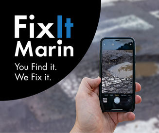FixIt Marin Logo - image of a cell phone taking a picture of a pot hole. 