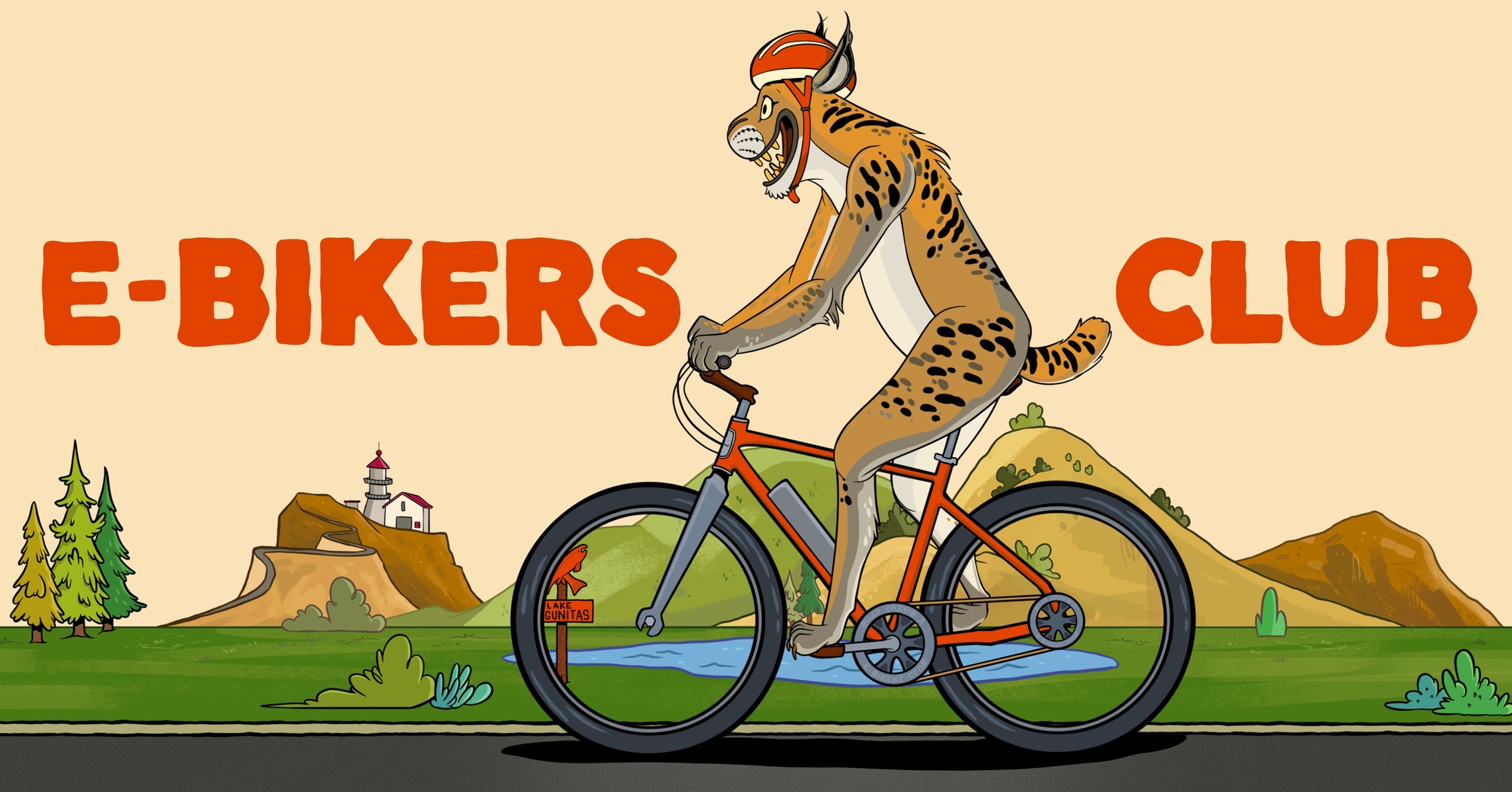 bobcat pedaling a bicycle by lake lagunitas