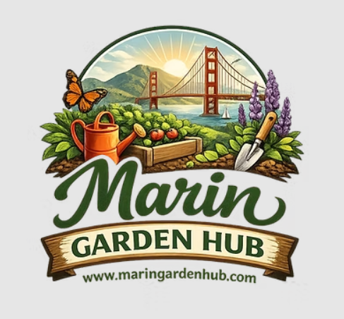 Marin Garden Hub Logo, produce in front of golden gate bridge