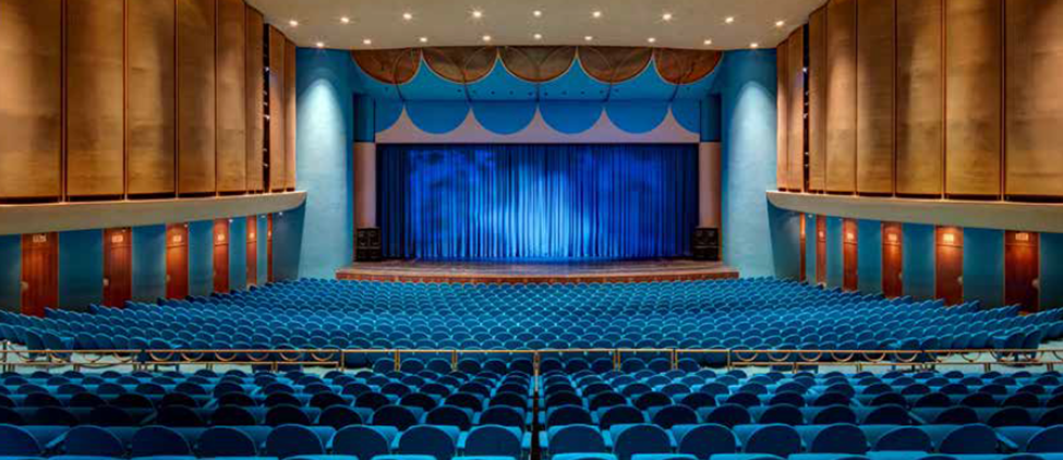 Veterans Memorial Auditorium mock up of new design with blue upholstery 