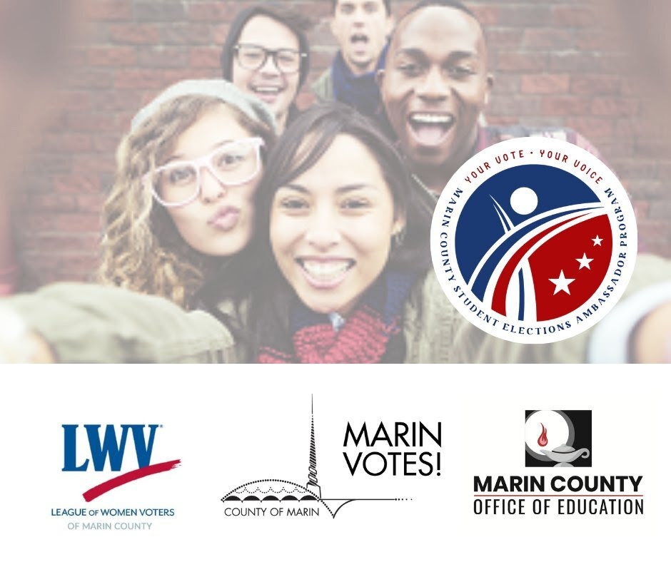 league of women voters, SEAP, Marin Votes, and Office of education logos overlayed on photo of teens taking a selfie 